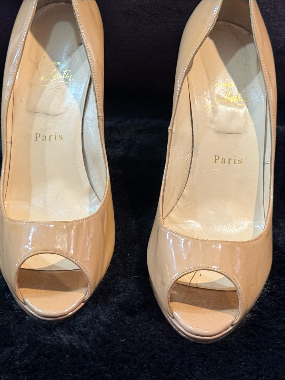 Christian Louboutin Beige Patent Peep-Toe Pumps